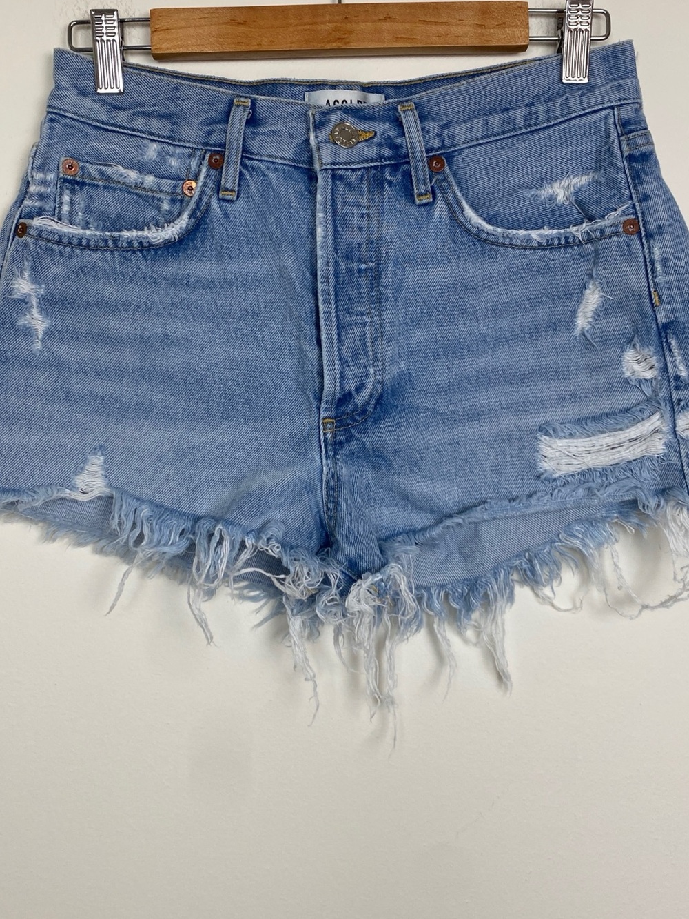 Agolde Light Blue Distressed High-Rise Denim Shorts
